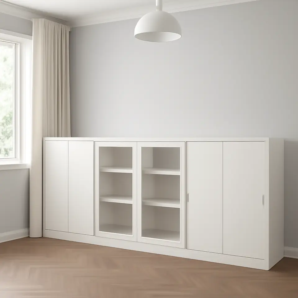 Møbelmontering TONSTAD Opbevaring med skydedøre, råhvid/klart glas, 282x37x116 cm | Professionel Møbelmontør