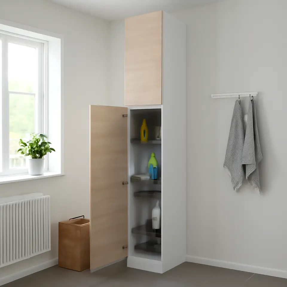 Møbelmontering METOD Højskab med opbevar rengøringsartik, hvid/Askersund lyst askemønster, 40x60x220 cm | Professionel Møbelmontør