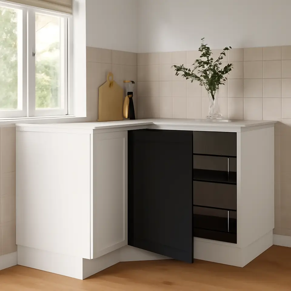 Møbelmontering METOD Hjørneunderskab med udtræksindretn, hvid/Lerhyttan sort bejdse, 128×68 cm | Fast Pris i Storkøbenhavn
