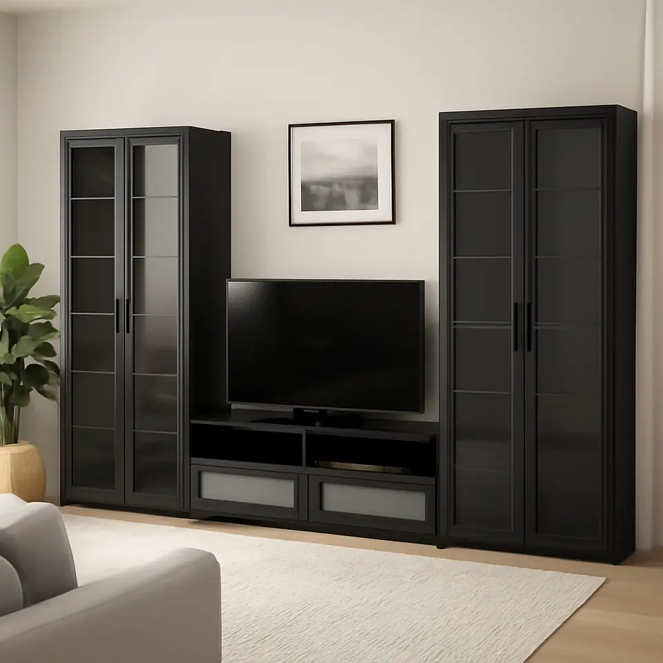 Møbelmontering BRIMNES Tv-møbel m opbevaring/vitrinelåger, sort, 280x41x190 cm | Billig & Hurtig i København
