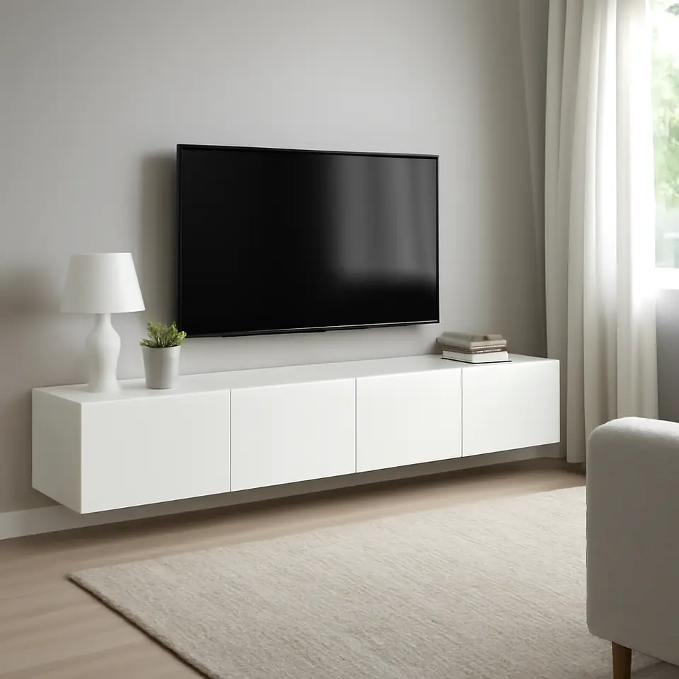 Møbelmontering BESTÅ Tv-bord med låger, hvid/Selsviken hvid højglans, 240x42x38 cm | Fast Pris i Storkøbenhavn