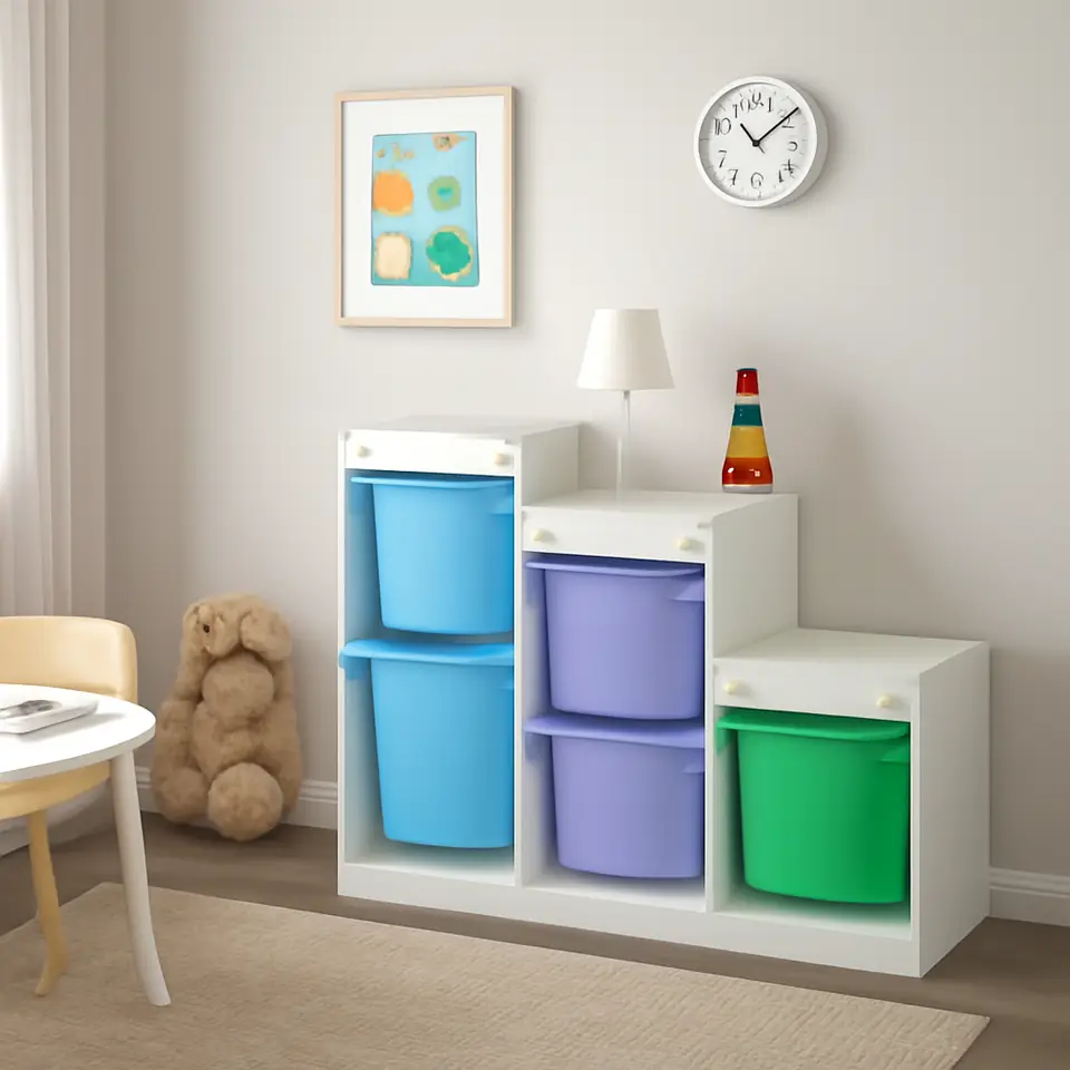 Møbelmontering TROFAST Opbevaringskombination med bokse, hvid/multifarvet, 99x44x94 cm | Billig & Hurtig i København