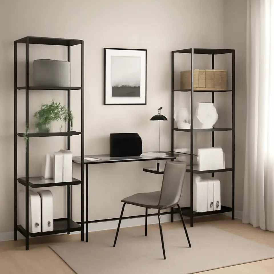 Møbelmontering VITTSJÖ Reol med bord til bærbar computer, sortbrun/glas, 202x36x175 cm | Få et tilbud i dag