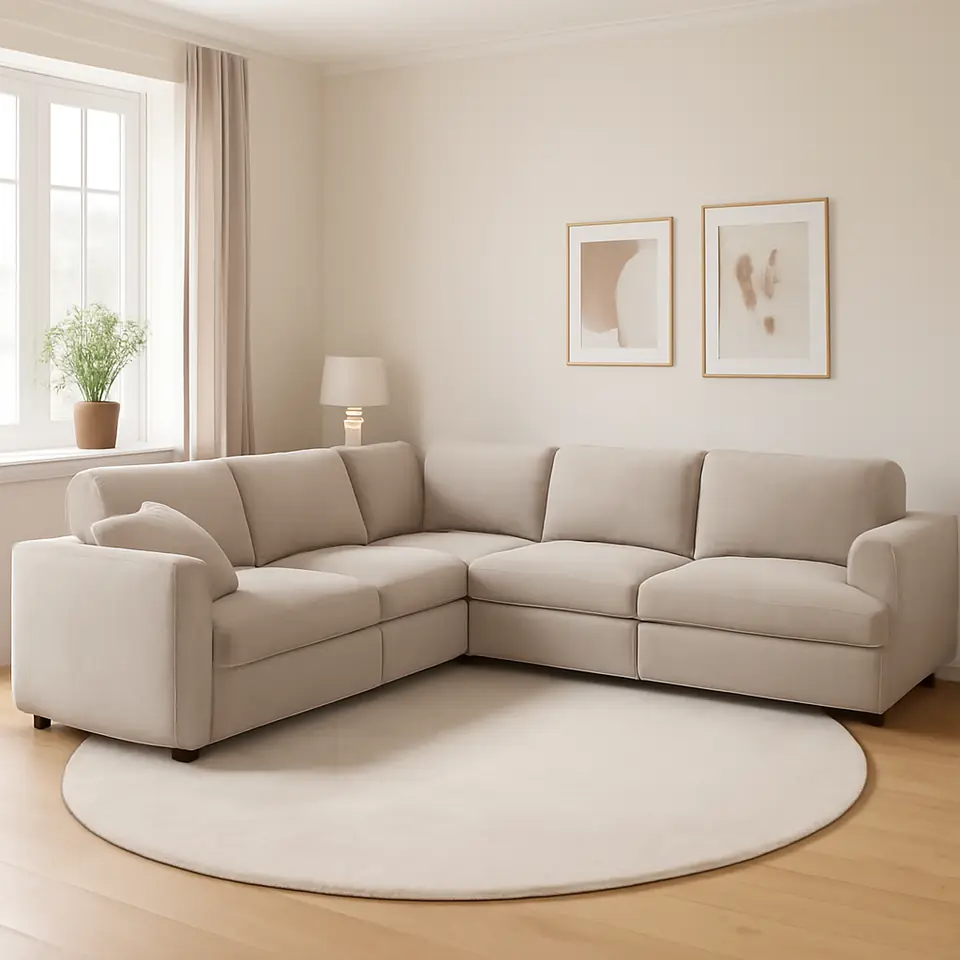Møbelmontering Modulsofa LUNDBY 5-pers. open-end sandfarvet stof | Professionel Møbelmontør