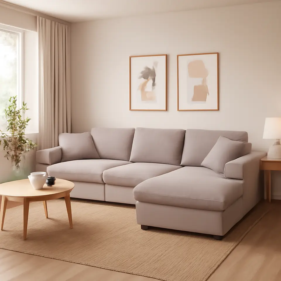 Møbelmontering Modulsofa LUNDBY 3-pers. chaiselong sandfarvet stof | Billig & Hurtig i København
