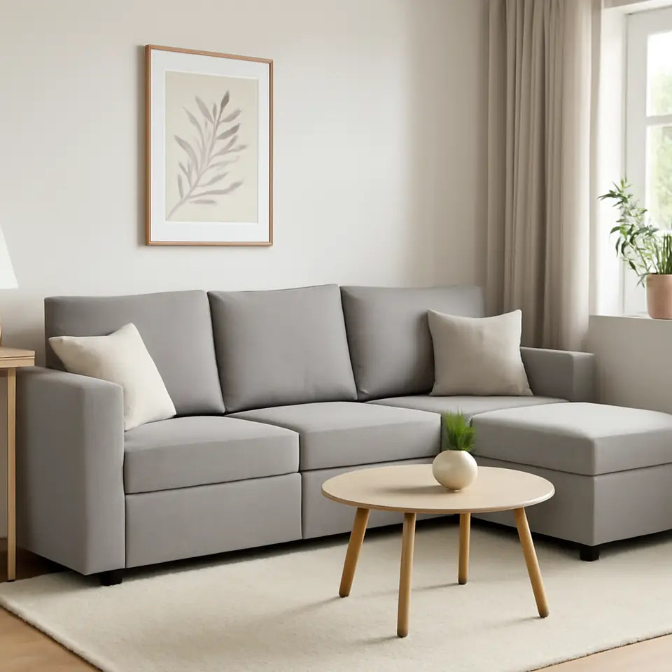 Møbelmontering Modulsofa OKSBY 3-pers. chaiselong m/opbev. sandfarvet stof | Billig & Hurtig i København