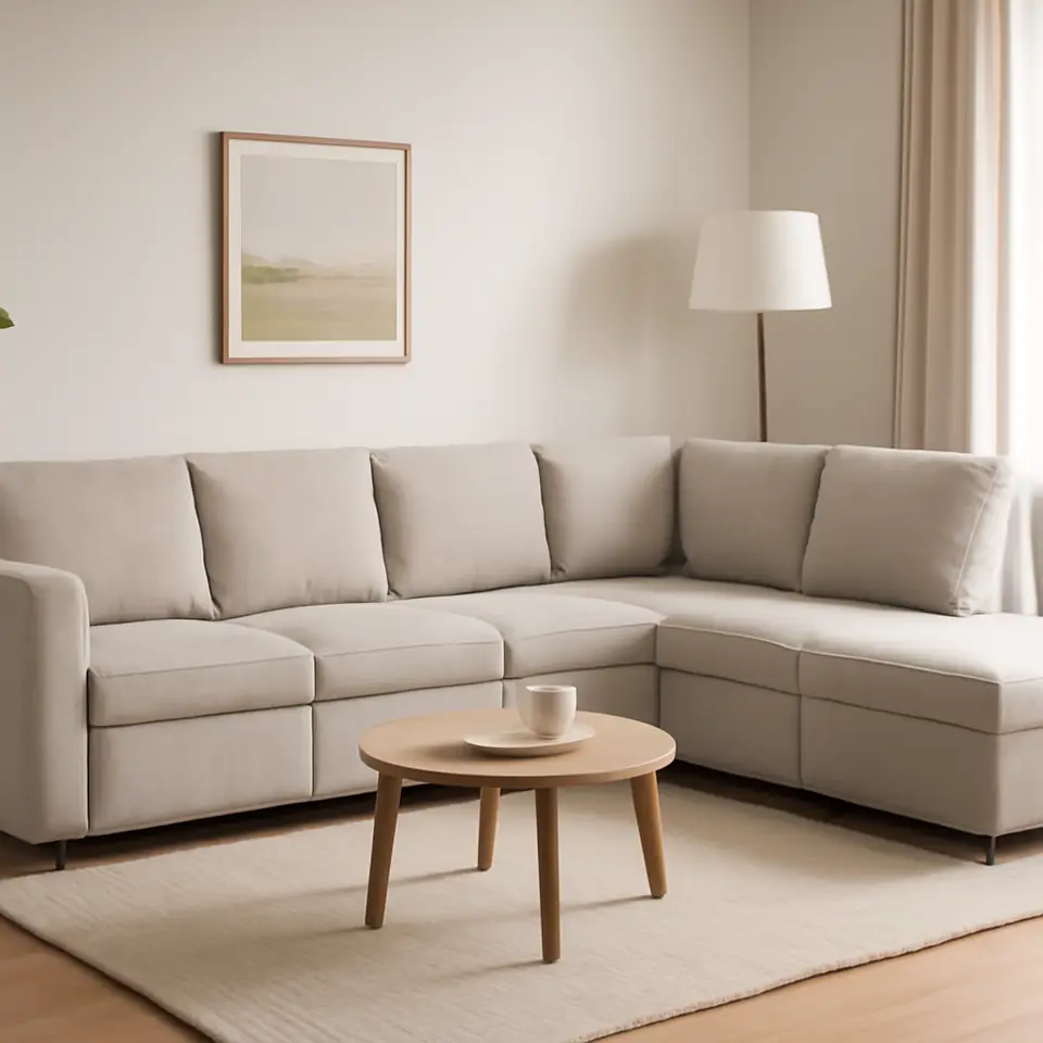 Møbelmontering Modulsofa OKSBY 5-pers. open-end m/opbevar. sandfarvet stof | Få et tilbud i dag