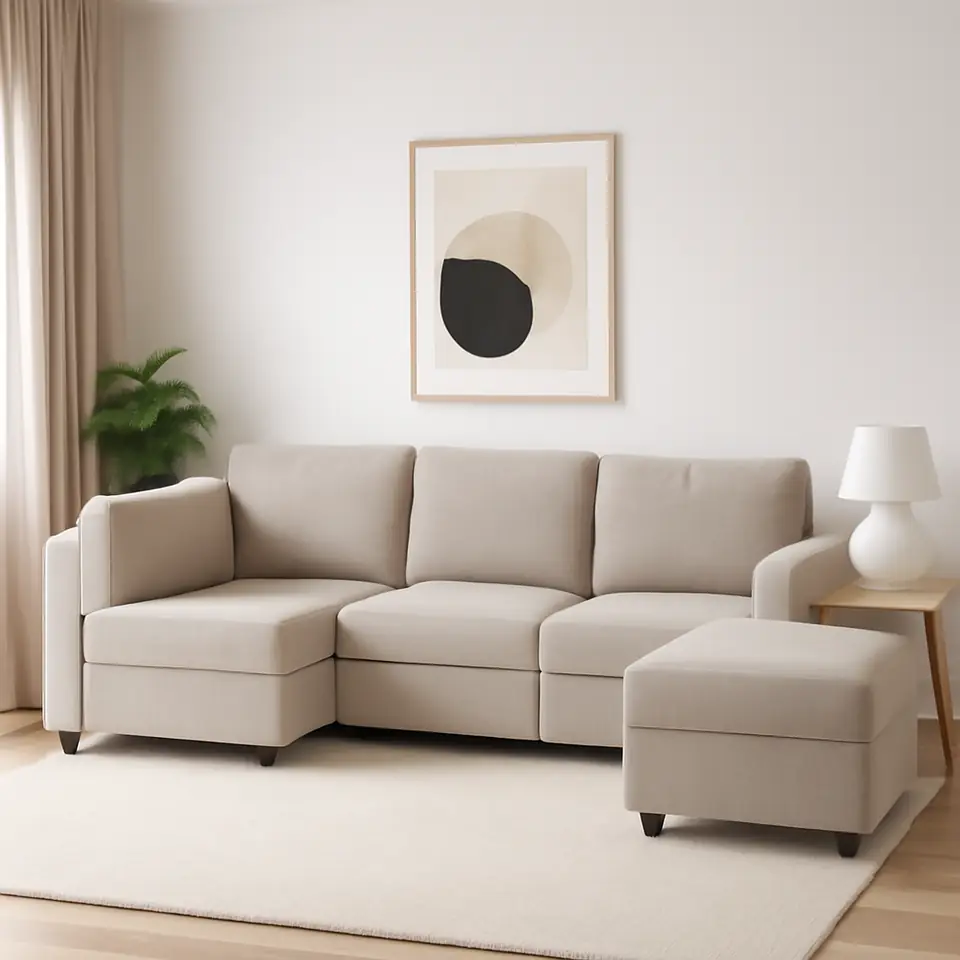 Møbelmontering Modulsofa OKSBY 5-pers. open-end m/opbevar. sandfarvet stof | Billig & Hurtig i København