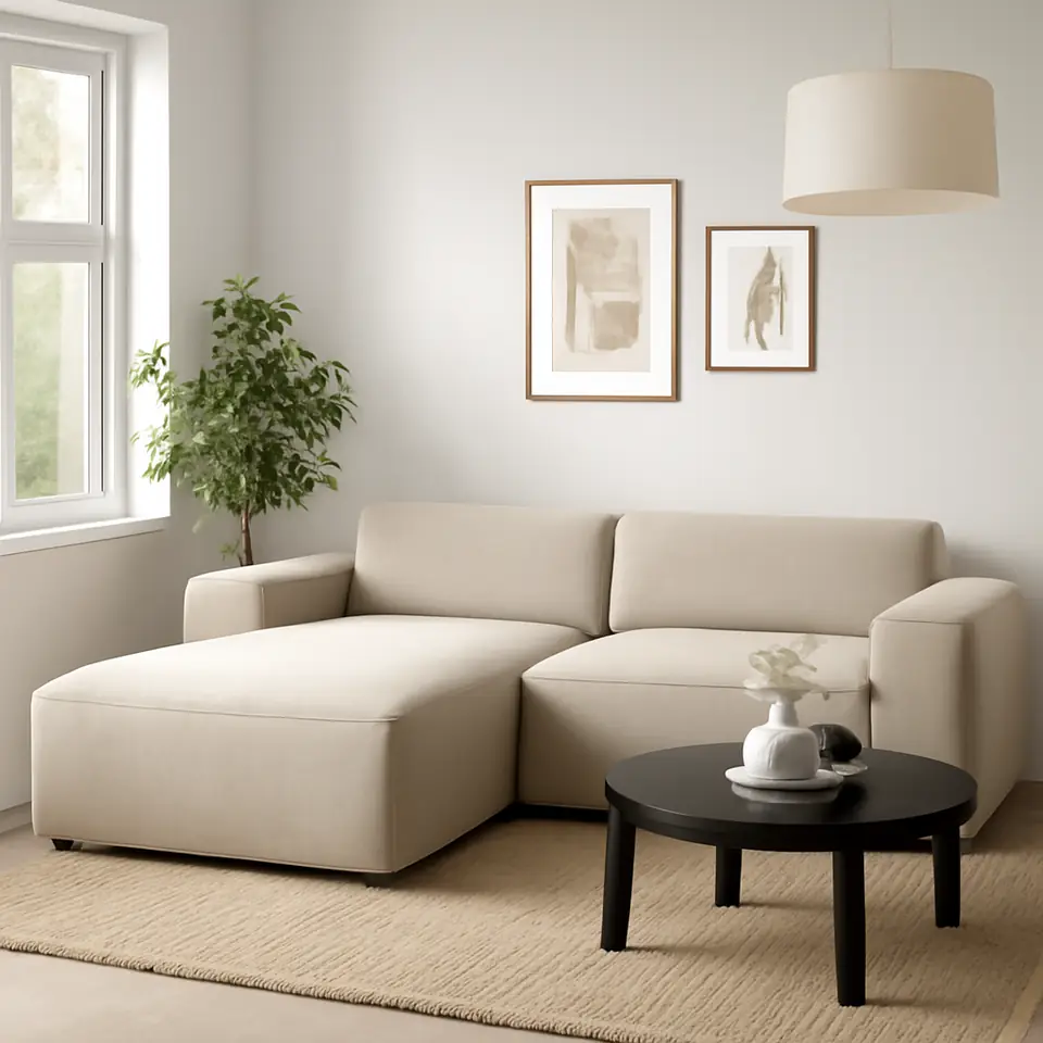 Møbelmontering Modulsofa SKEJBY 2-pers. chaiselong/open-end sandfarvet stof | Billig & Hurtig i København