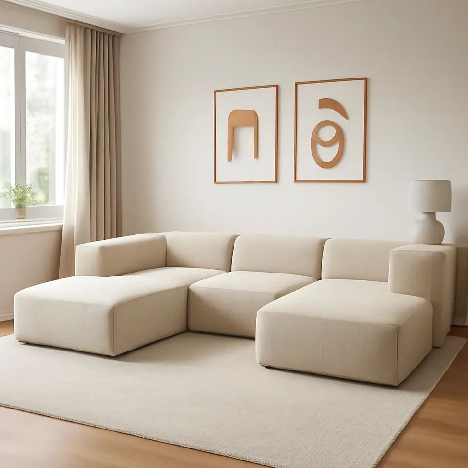 Møbelmontering Modulsofa SKEJBY 3-pers. chaiselong/open-end sandfarvet stof | Samling af Møbler i Rødovre & Kbh