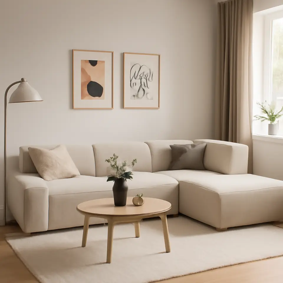 Møbelmontering Modulsofa SKEJBY 3-pers. chaiselong/open-end sandfarvet stof | Fast Pris i Storkøbenhavn