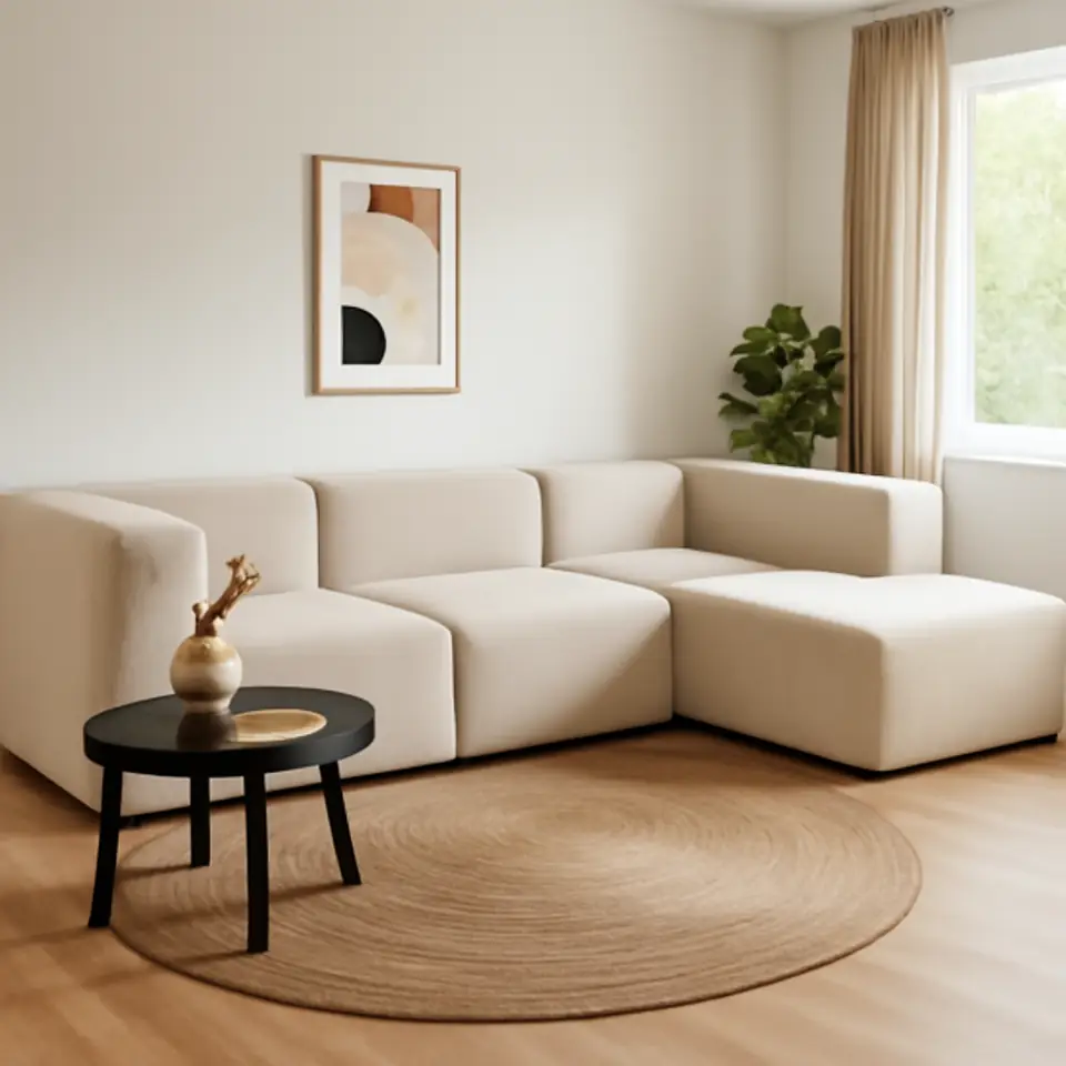 Møbelmontering Modulsofa SKEJBY 5-pers. chaiselong/open-end sandfarvet stof | Fast Pris i Storkøbenhavn